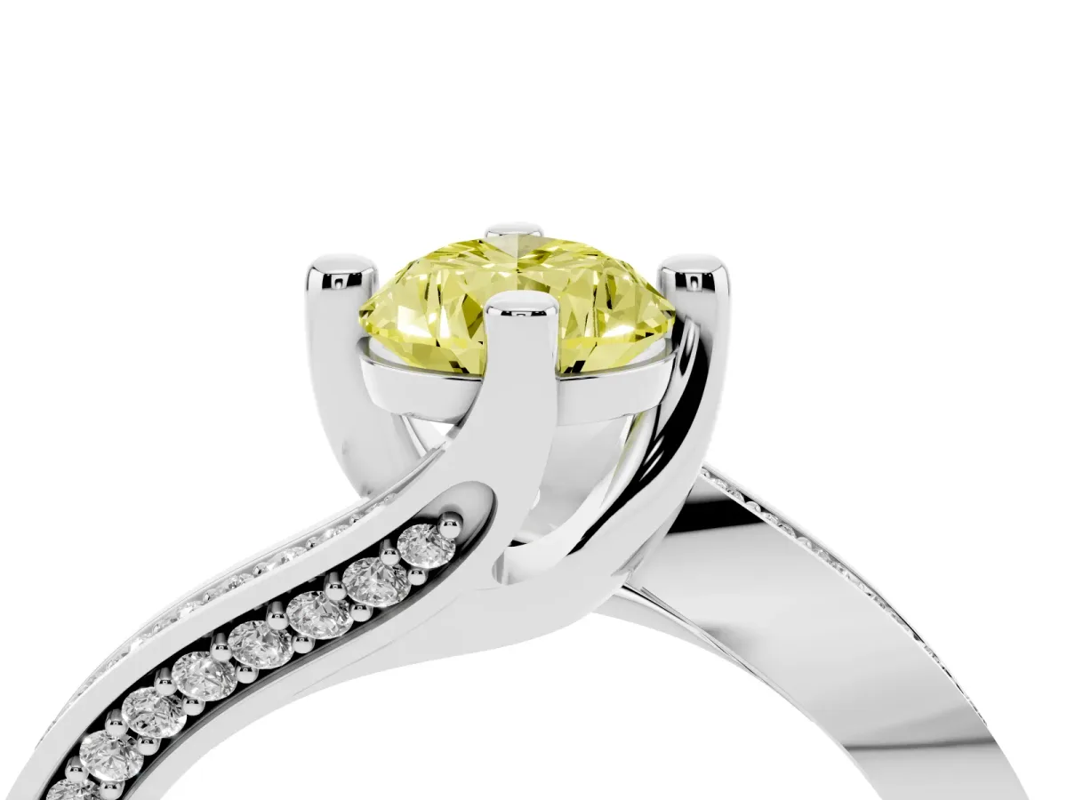 Fancy Yellow Pear Cut Solitaire Diamond Twist Band with Pavé Setting and Four-Prong Setting Silver