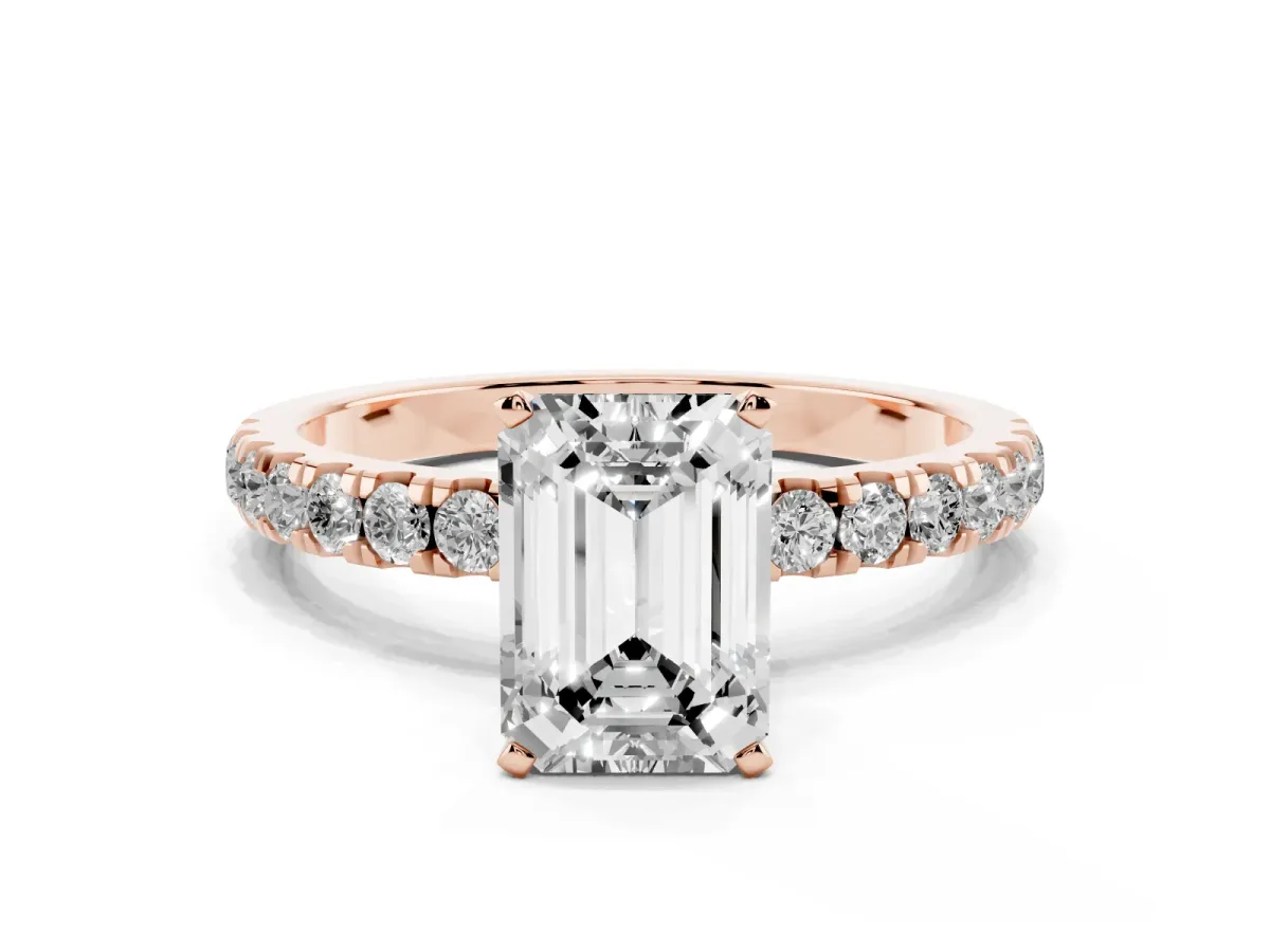 Emerald Cut Diamond Solitaire Ring with Pavé Accents and Four-Prong Setting Rose gold