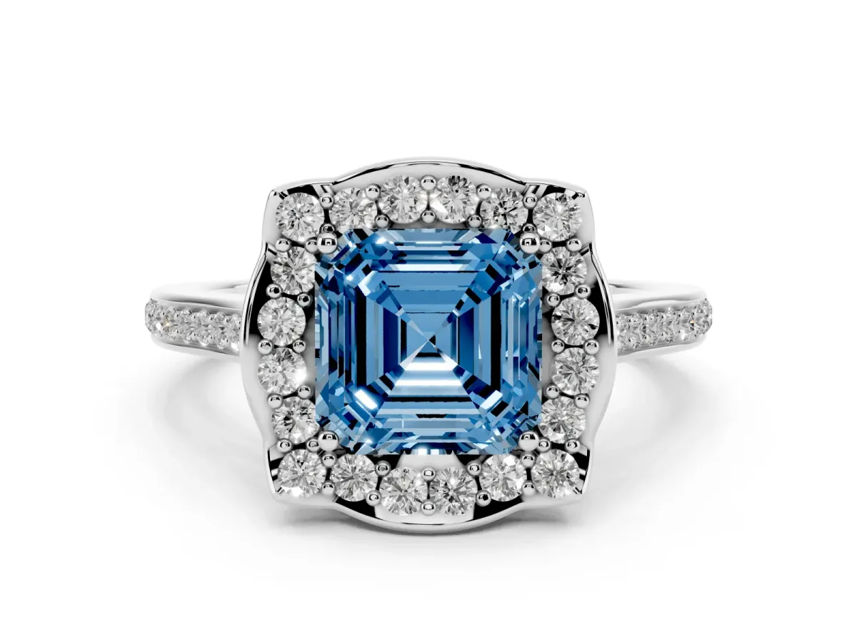 Fancy Blue Asscher Cut Halo Round Diamond Pave Band with Four-Prong Setting Silver