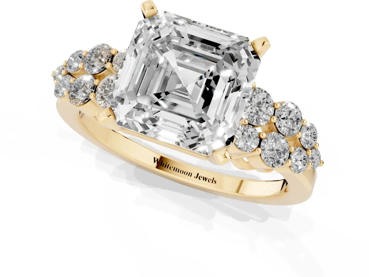 Asscher Cut Cluster Diamond Engagement Ring with Pavé Band and Four-Prong Setting Yellow gold