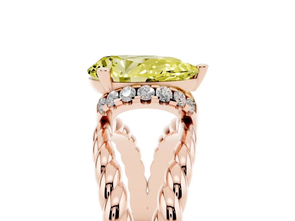 Fancy Yellow Pear Cut Halo Twisted Band Four-Prong Ring Rose gold