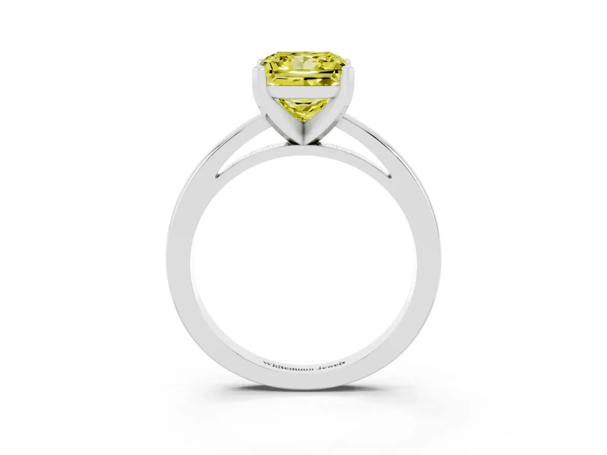 Fancy Yellow Princess Cut Solitaire Diamond Engagement Ring with Four-Prong Setting on a Classic Band Silver