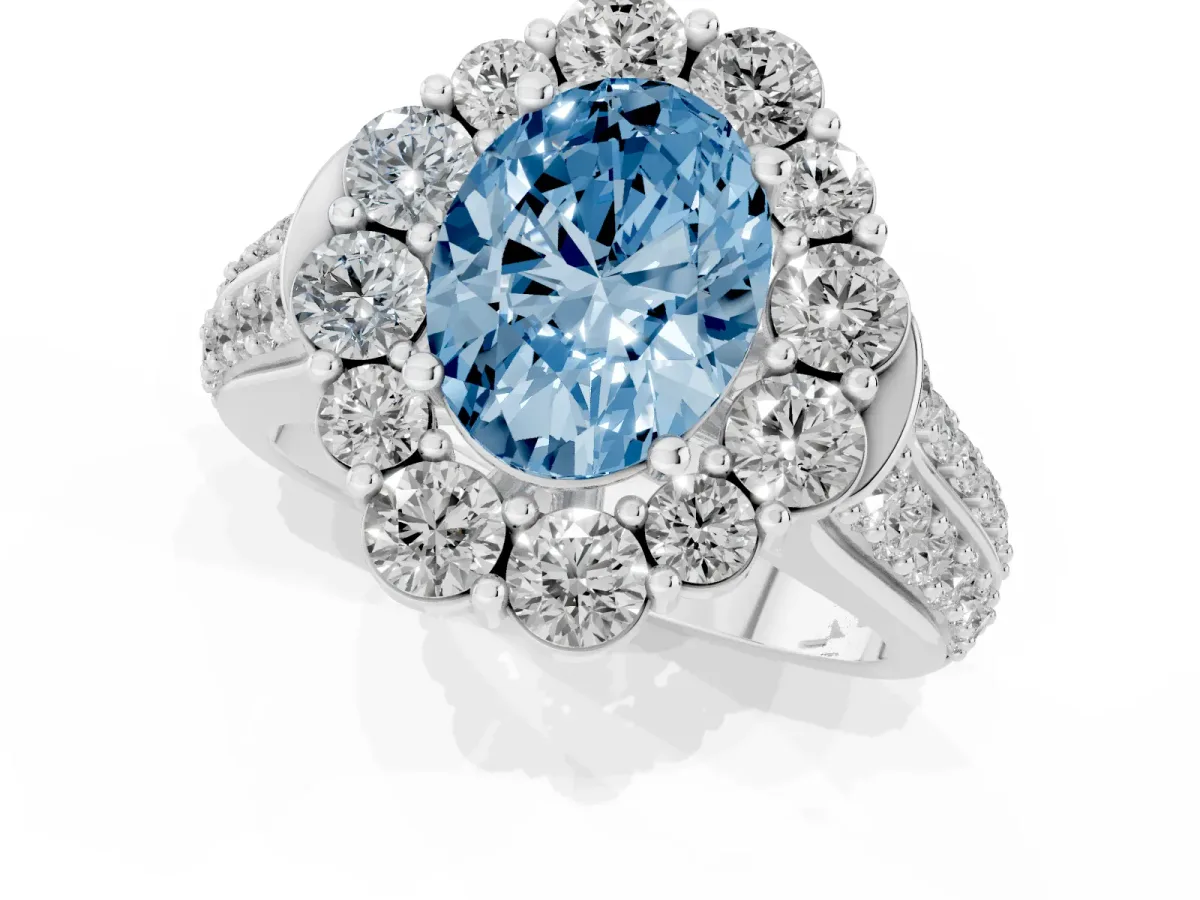Fancy Blue Oval Cut Halo Diamond Engagement Ring with Split Shank and Prong Setting Silver