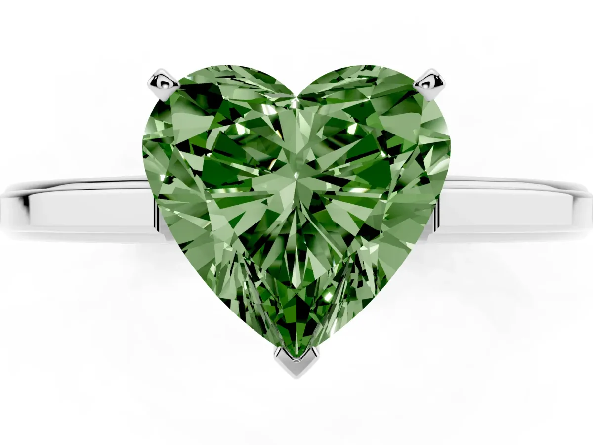 Fancy Green Heart Cut Solitaire Diamond Ring with Four-Prong Setting and Classic Band Silver