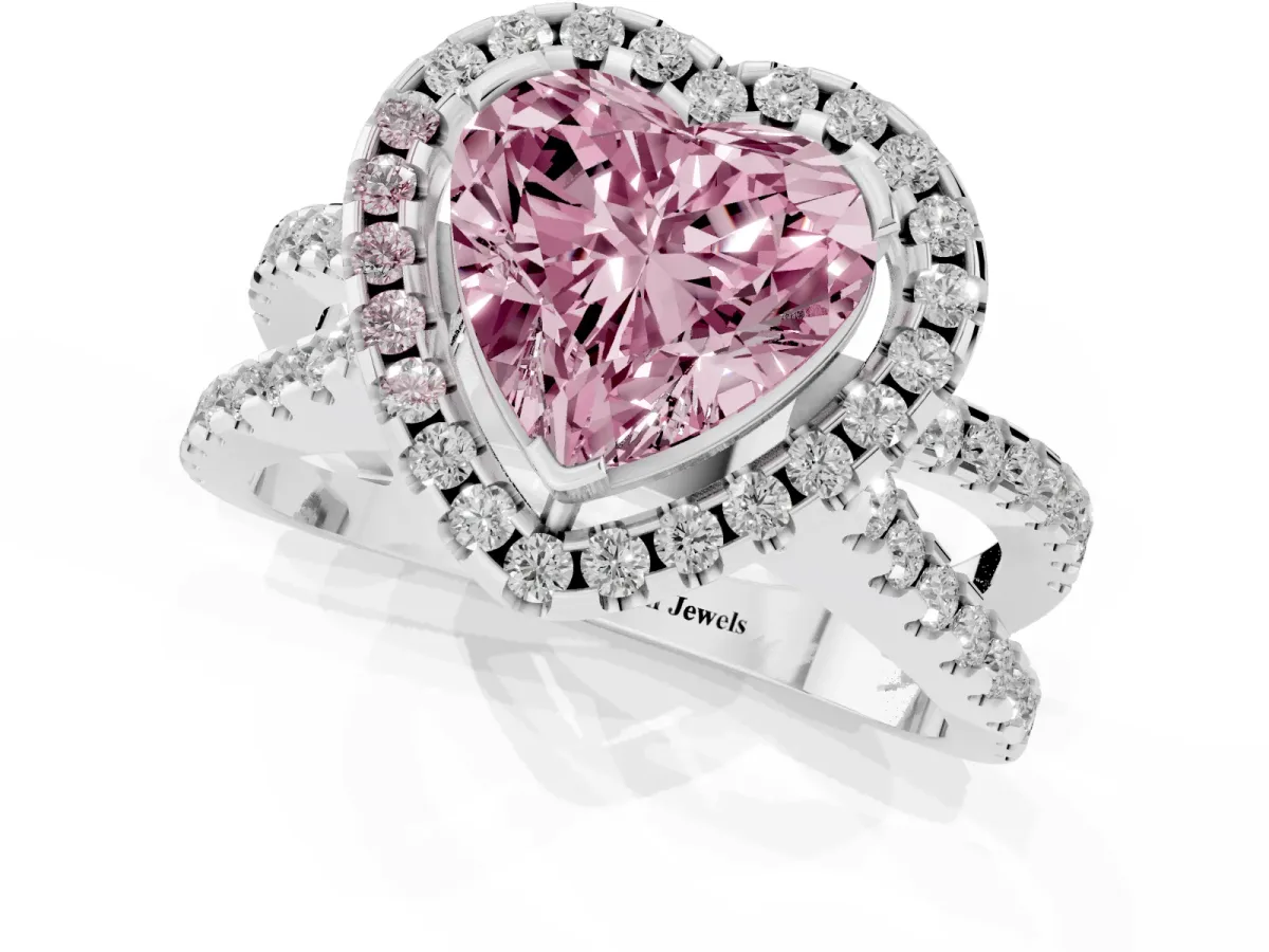 Fancy Pink Heart Cut Diamond Halo Ring with Split Shank Pavé Band and Prong Setting Silver