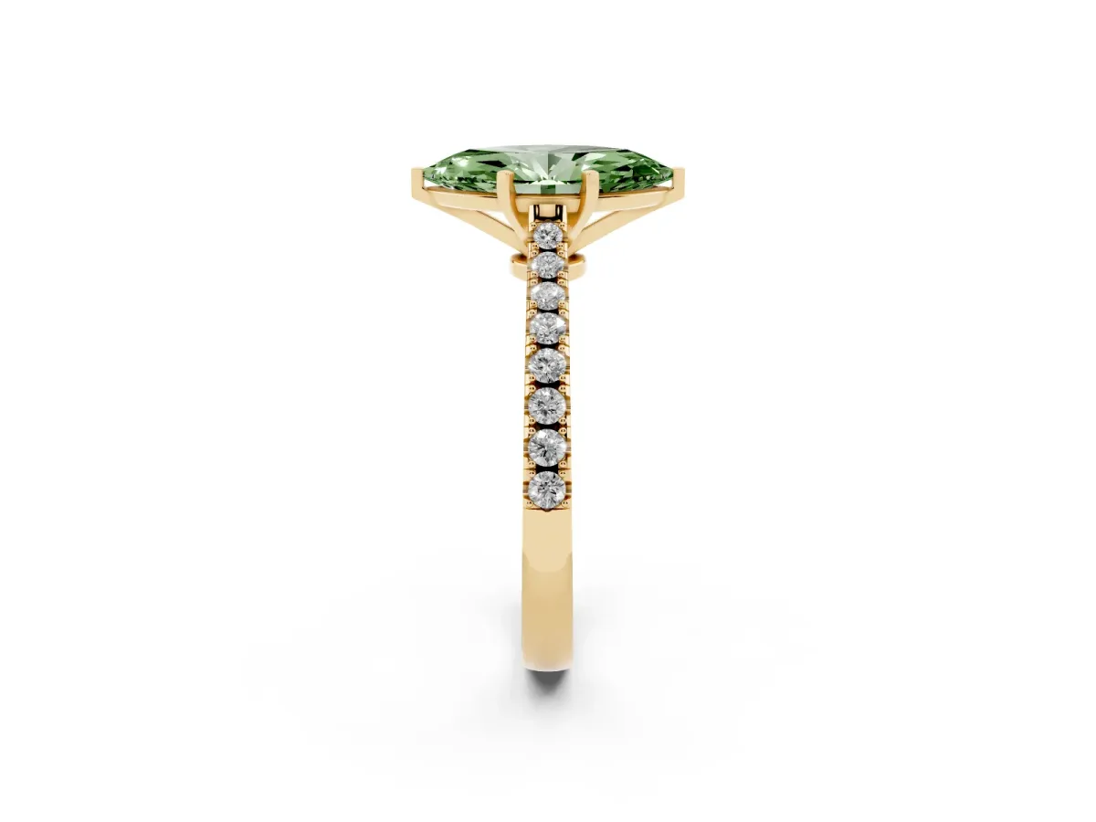 Fancy Green Marquise Cut Cut Solitaire Diamond Engagement Ring with Pave Band and Four-Prong Setting Yellow gold