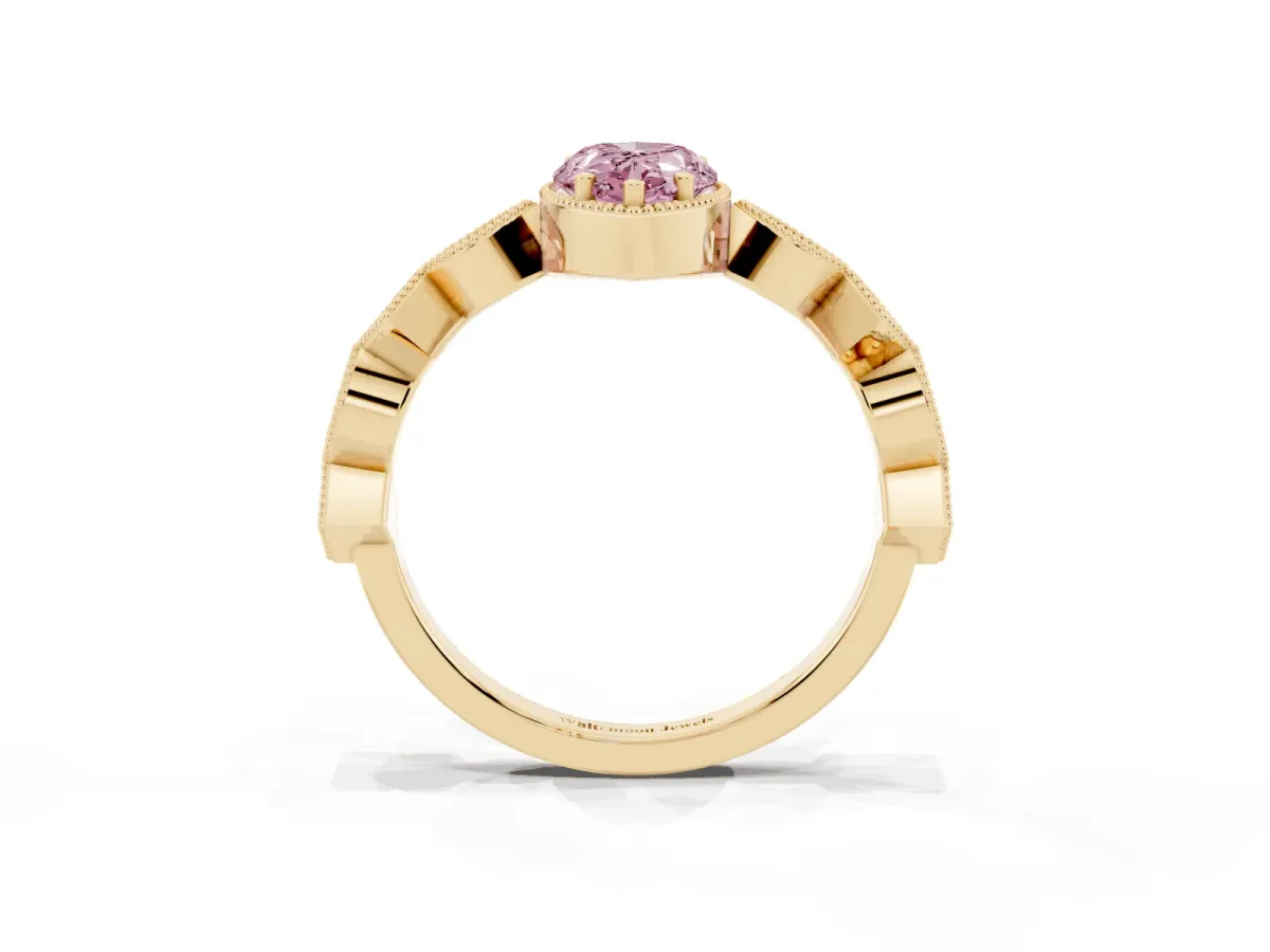 Fancy Pink Pear Cut Milgrain Marquise Diamond Twist Band Ring Yellow gold