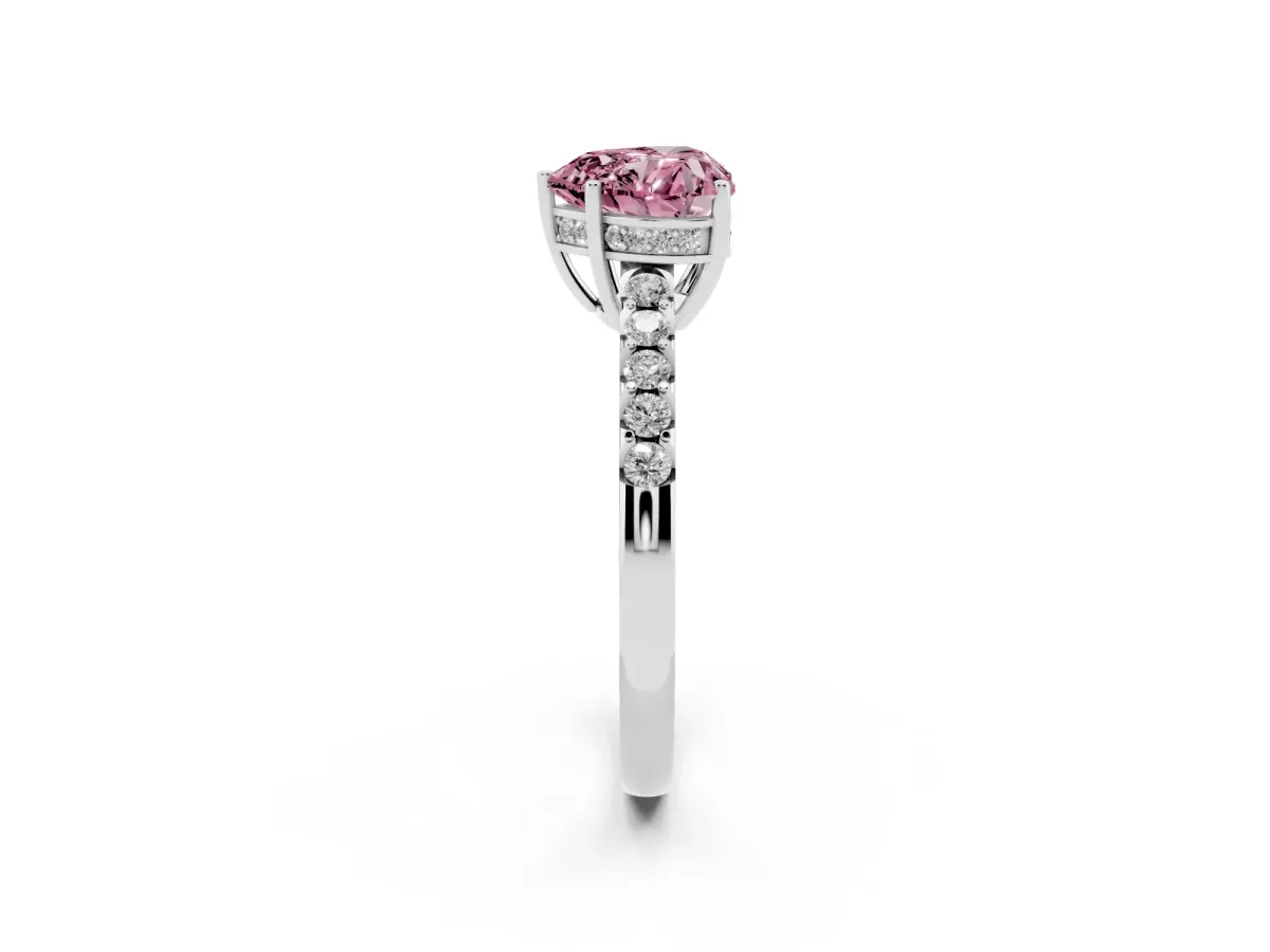 Fancy Pink Heart Cut Solitaire Diamond Engagement Ring with Pavé Band and Six-Prong Setting Platinum
