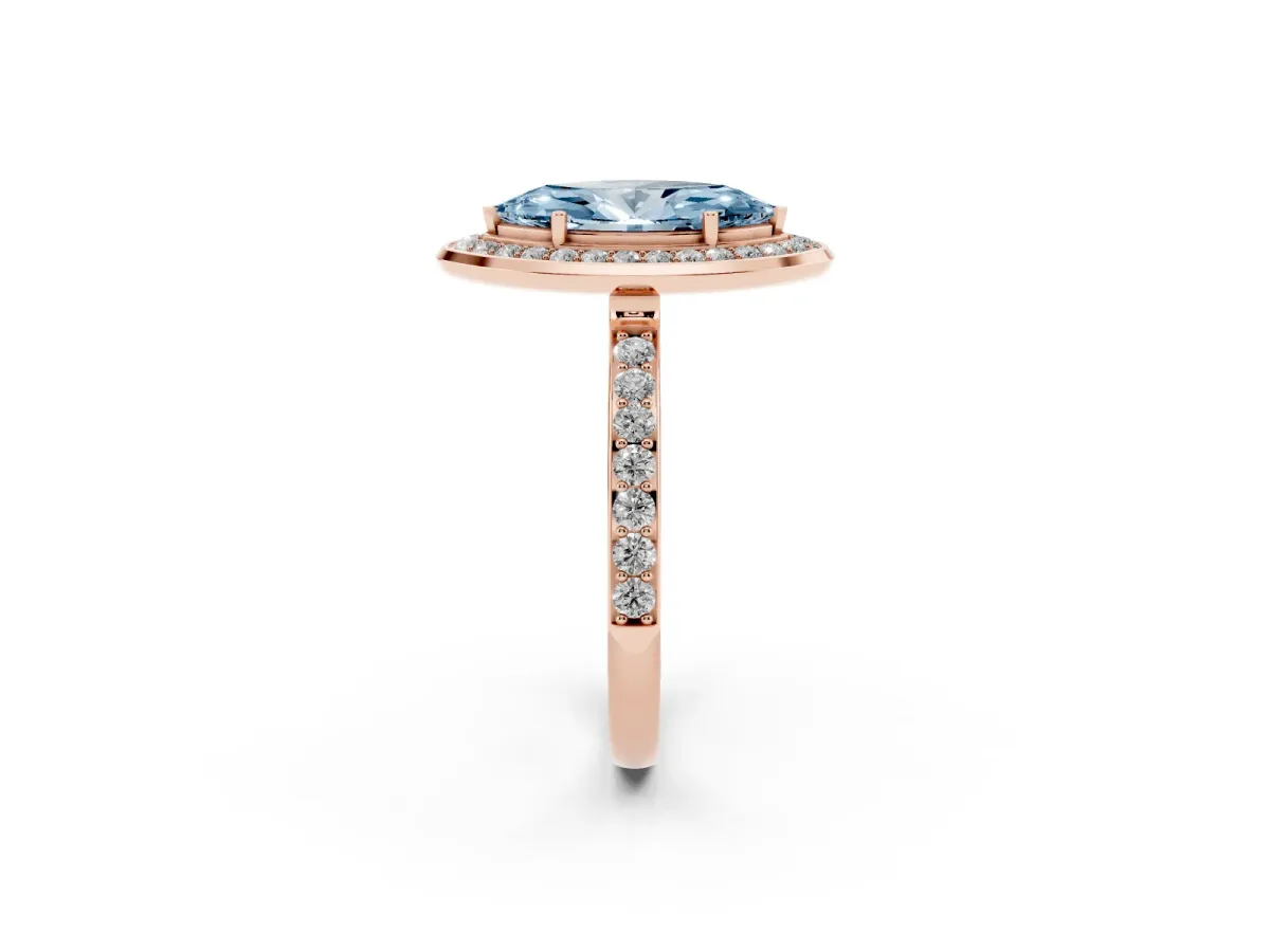 Fancy Blue Marquise Cut Diamond Halo Ring with Bezel Frame and Pavé Band Rose gold