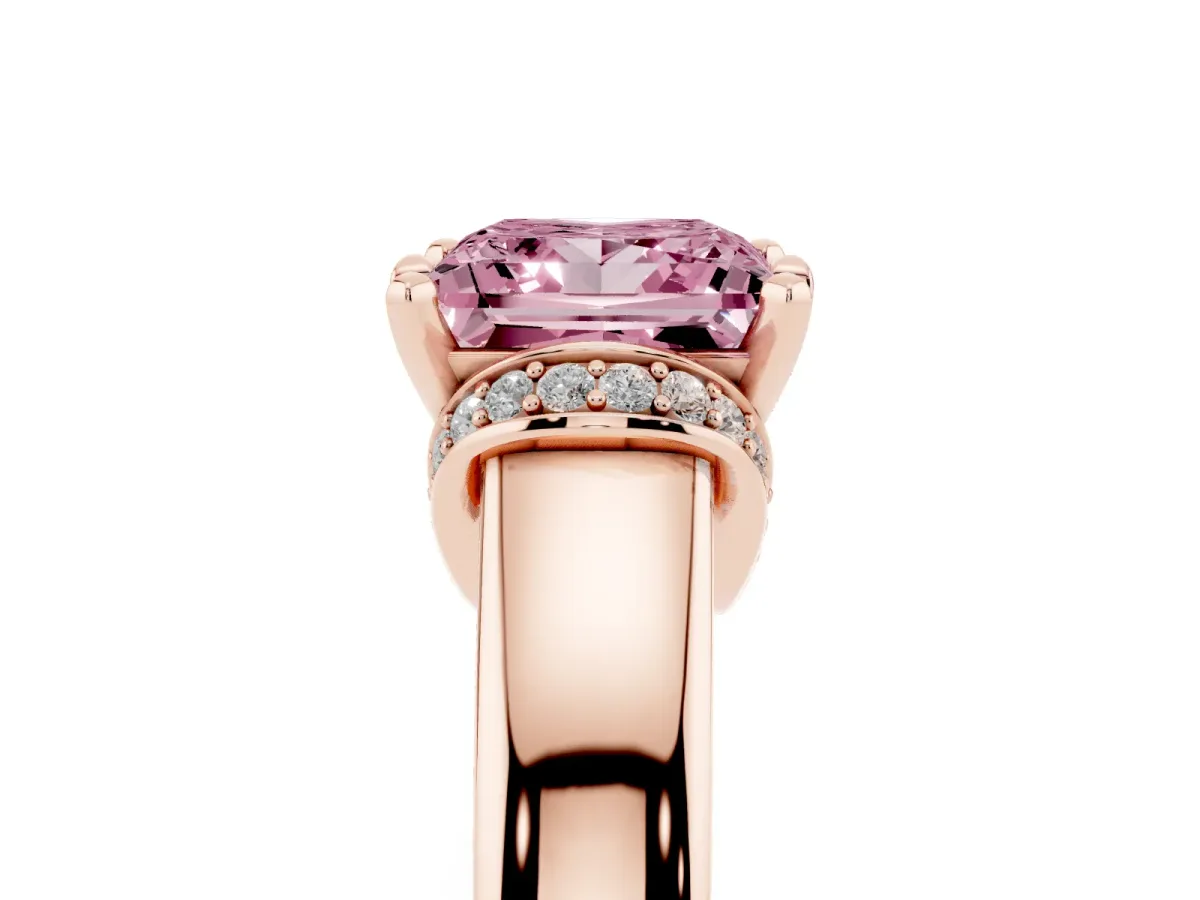 Fancy Pink Princess Cut Solitaire Diamond Ring with Pave Band and Six-Prong Setting Rose gold