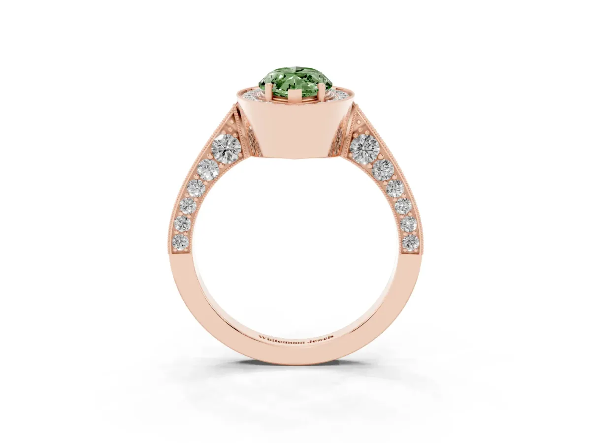 Fancy Green Marquise Cut Halo Diamond Engagement Ring with Split Shank Band and Four-Prong Setting Rose gold