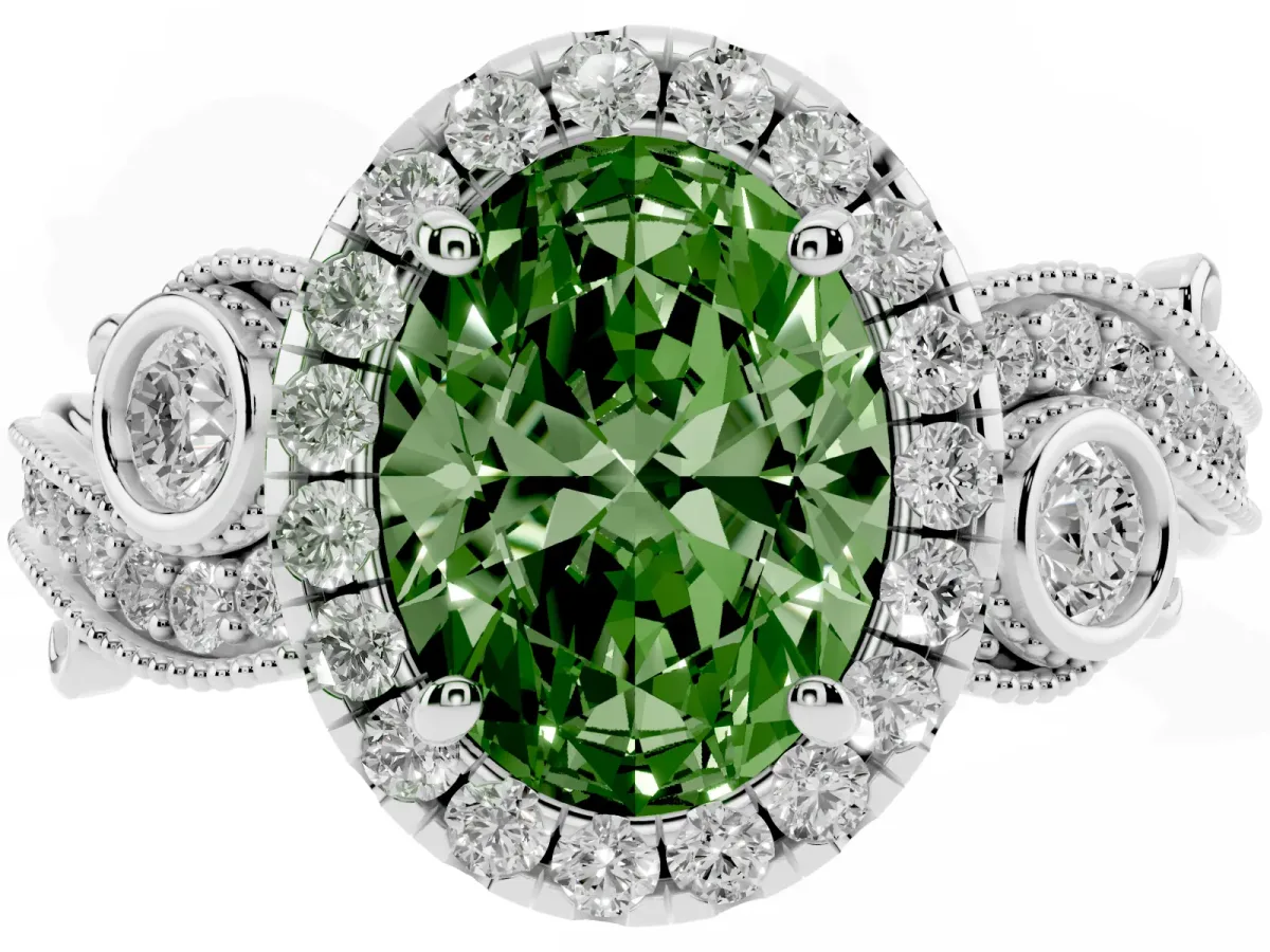 Fancy Green Oval Cut Halo Diamond Ring with Milgrain and Bezel Accents on a Split Shank Band White gold