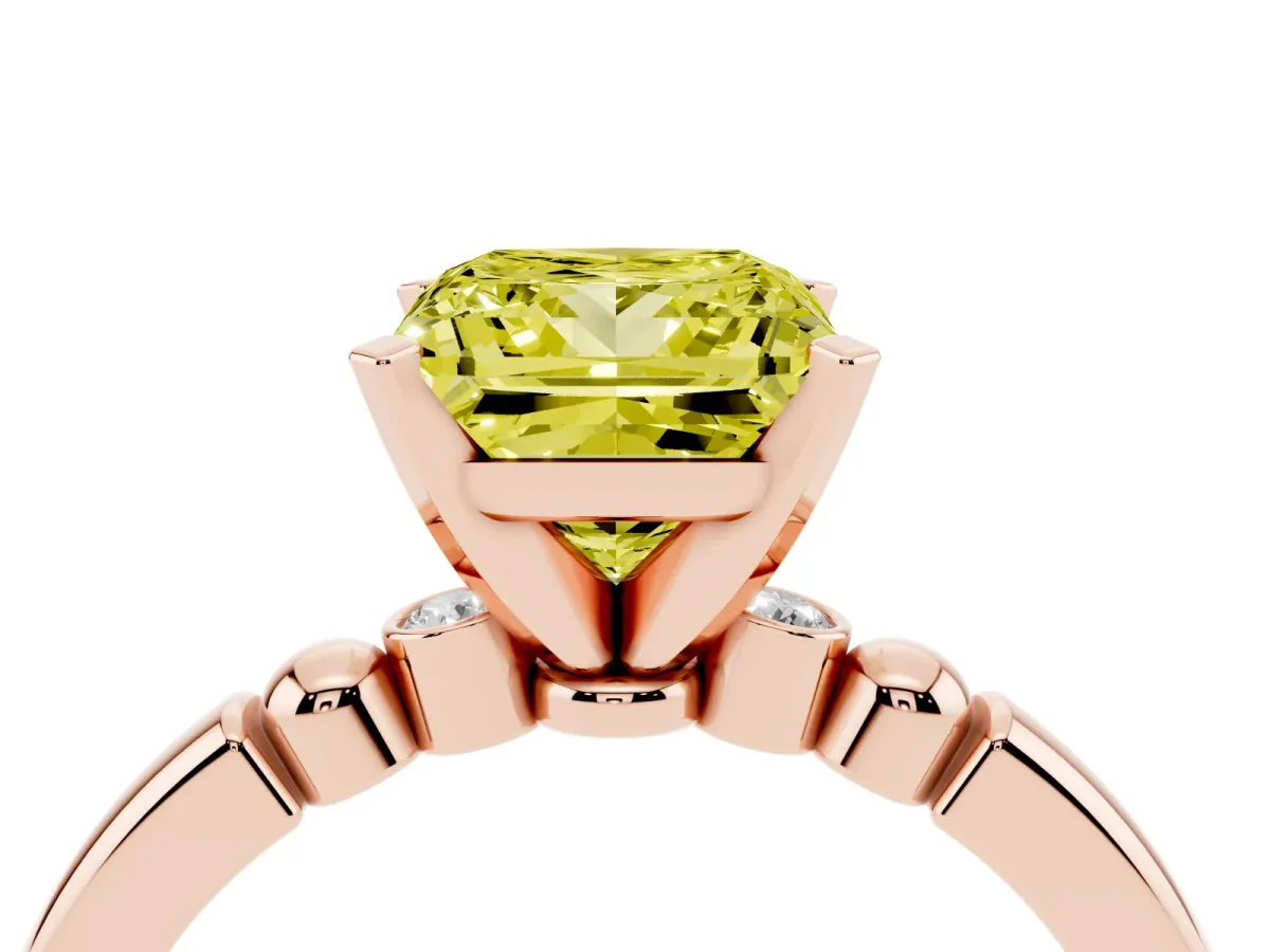 Fancy Yellow Princess Cut Solitaire Beaded Band with Four-Prong Setting Rose gold