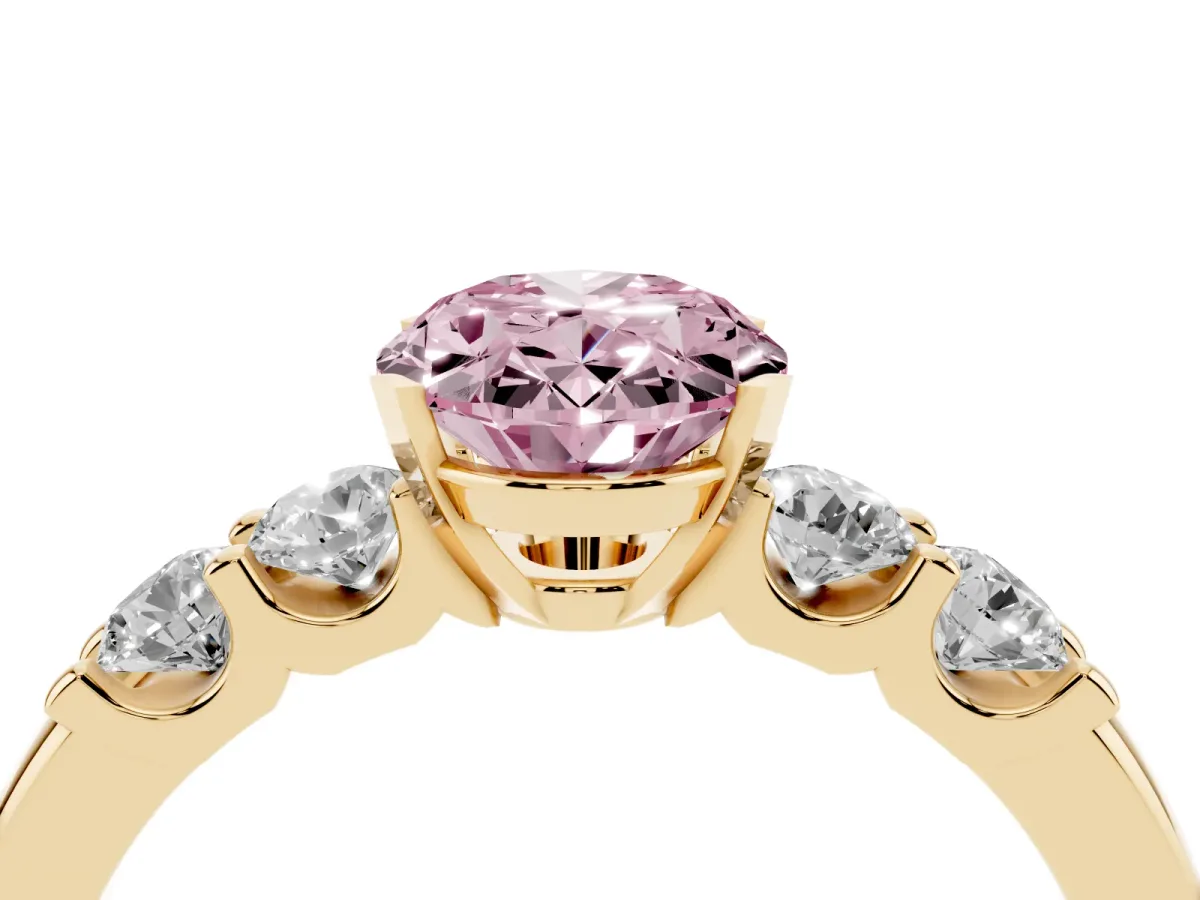 Fancy Pink Oval Cut Brilliant Cut Diamond Five-Stone Prong Set Engagement Ring with Channel Band Yellow gold