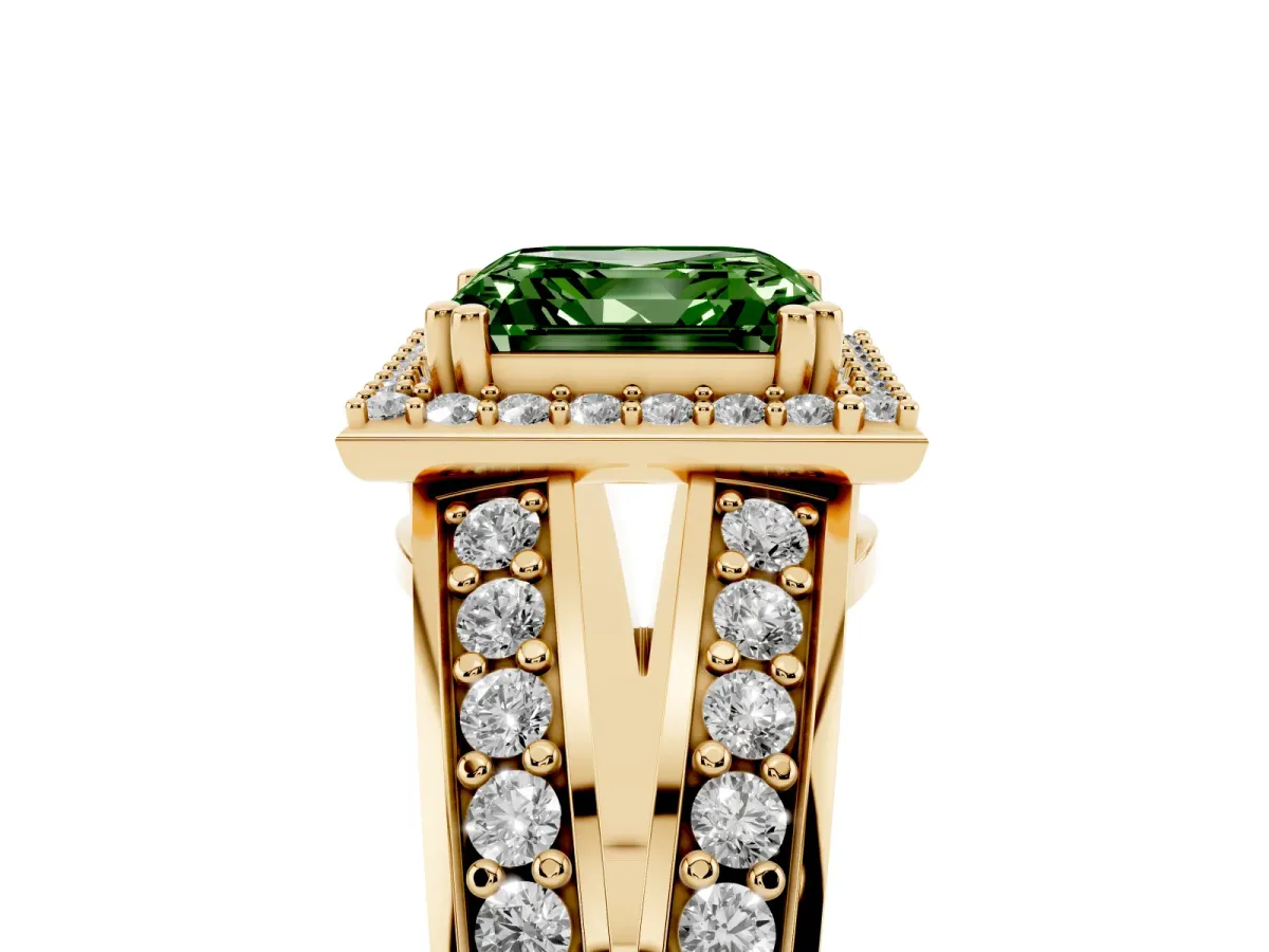 Fancy Green Asscher Cut Diamond Halo Ring with Split Shank Pavé Band and Four-Prong Setting Yellow gold