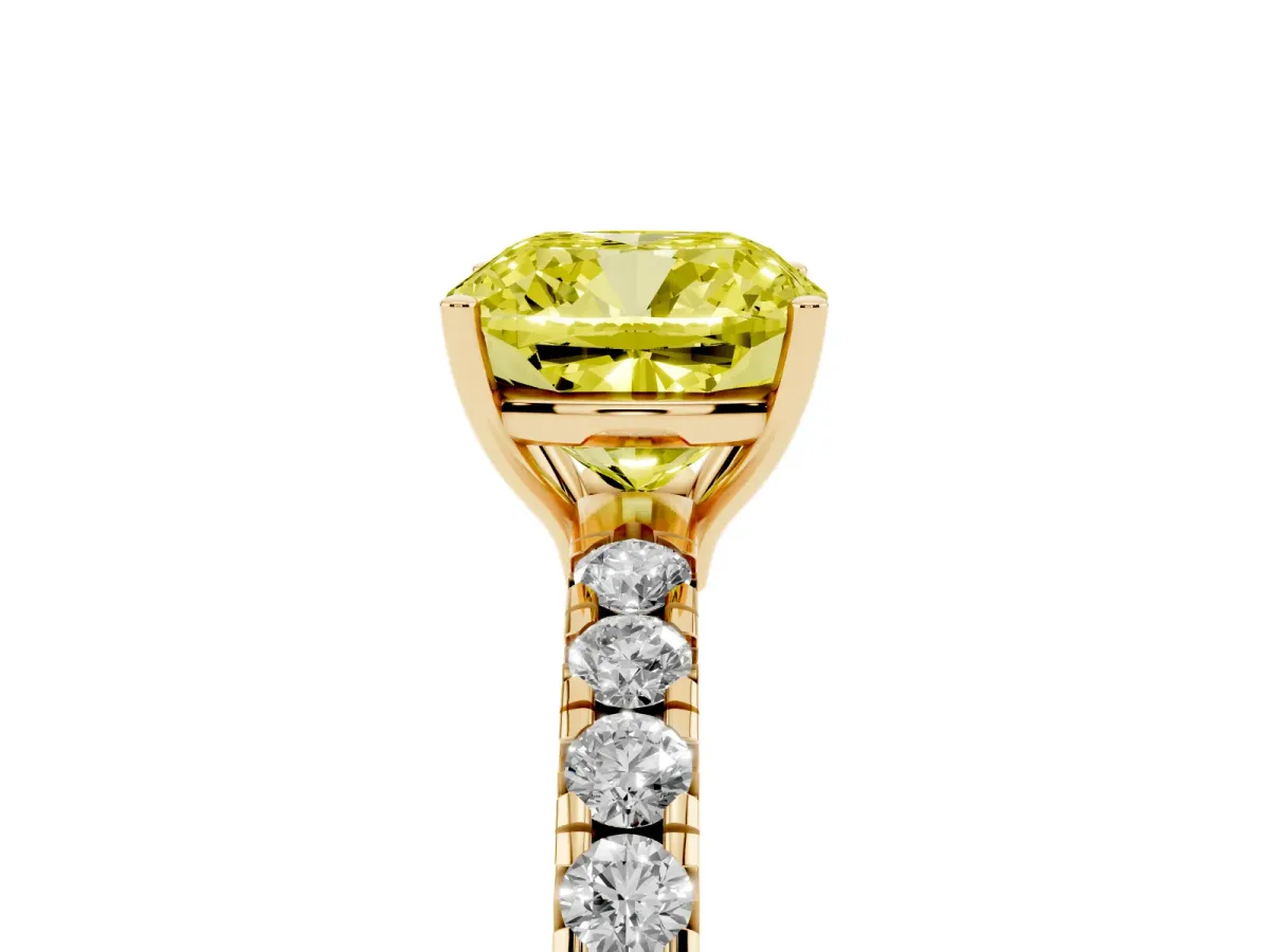 Fancy Yellow Cushion Cut Diamond Pavé Solitaire Engagement Ring with Four-Prong Setting Yellow gold