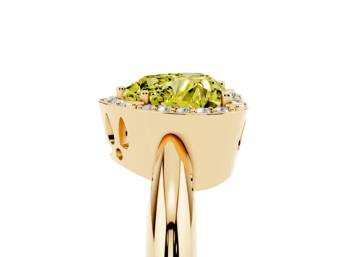 Fancy Yellow Heart Cut Cut Diamond Halo Engagement Ring with Split Shank and Four-Prong Setting Yellow gold