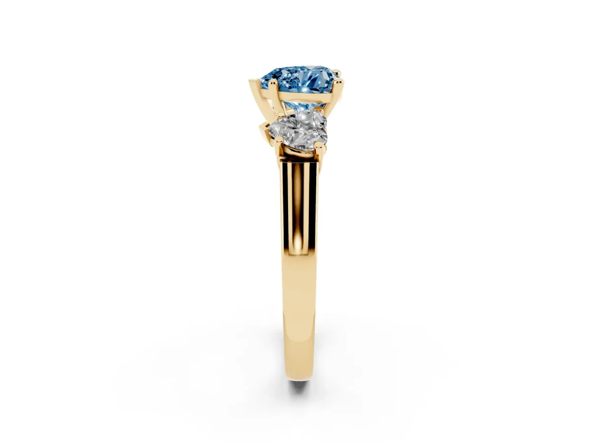 Fancy Blue Three-Stone Heart Cut Brilliant Diamond Trellis Ring with Comfort Fit Band Yellow gold