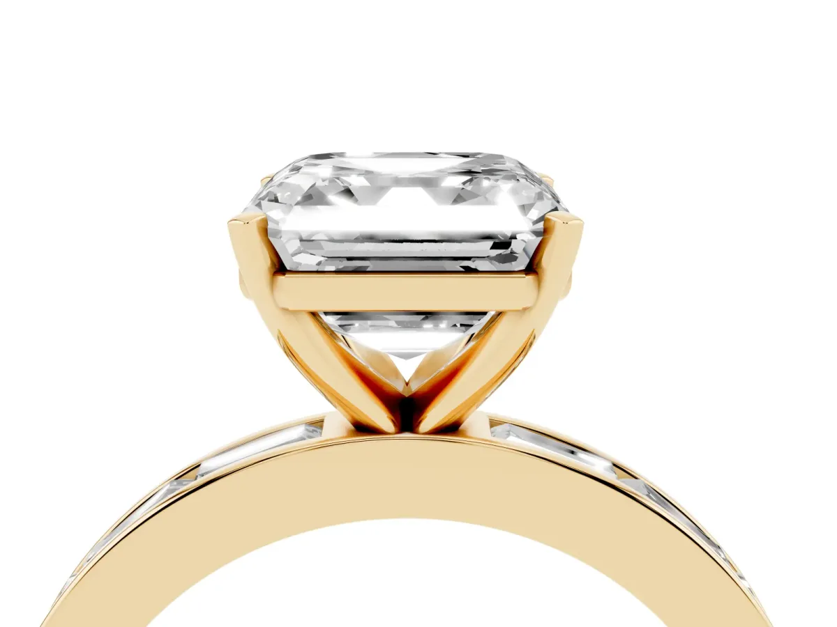 Asscher Cut Solitaire Diamond Ring with Channel-Set Baguette Band and Four-Prong Setting Yellow gold