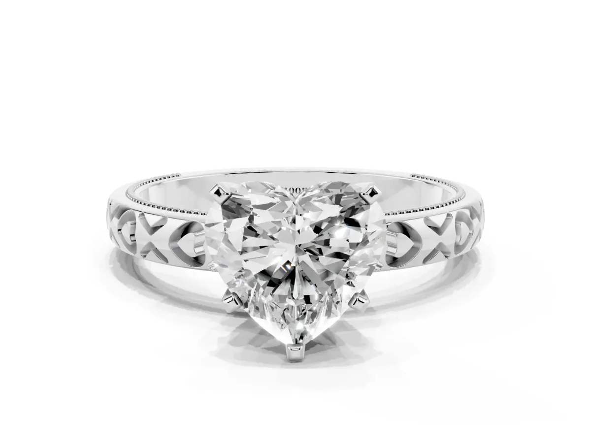 Heart Cut Solitaire Diamond Engagement Ring with XO Engraved Band and Four-Prong Setting Platinum