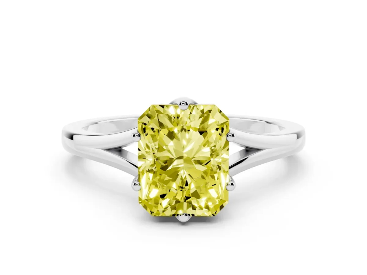 Fancy Yellow Radiant Cut Solitaire Diamond Ring with Six-Prong Setting and Tapered Band Platinum