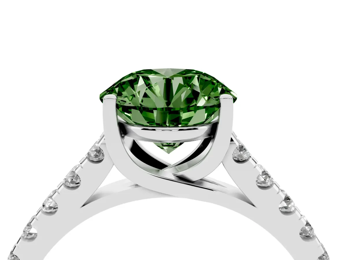 Fancy Green Round Cut Diamond Pavé Band Solitaire Ring with Prong Setting Platinum