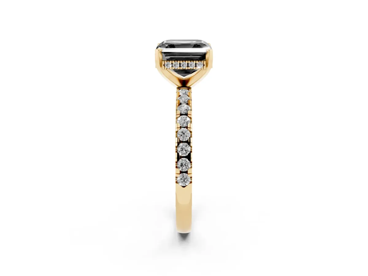 Fancy Black Asscher Cut Diamond Solitaire Ring with Round Pavé Band and Four-Prong Setting Yellow gold