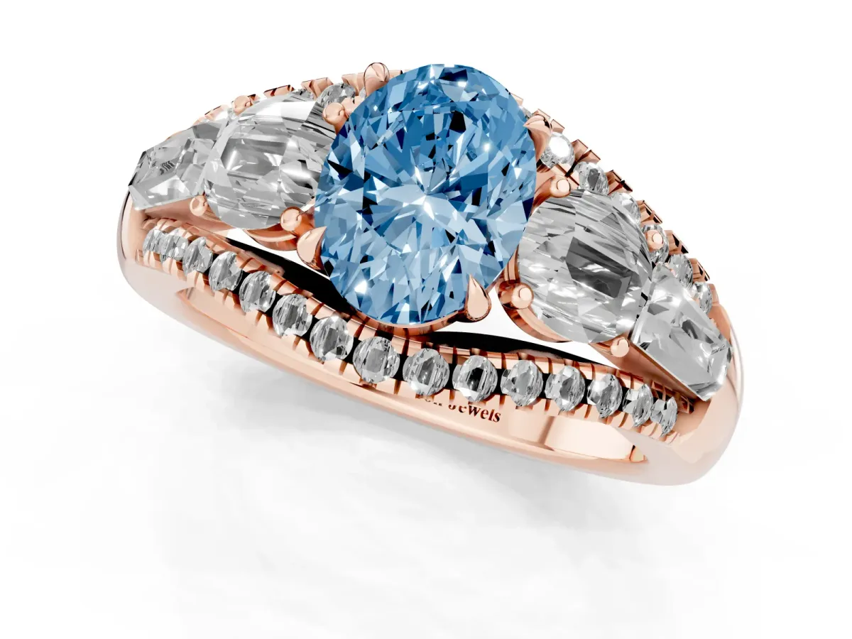 Fancy Blue Three-Stone Oval Cut Diamond Engagement Ring with Pave Band and Prong Setting Rose gold