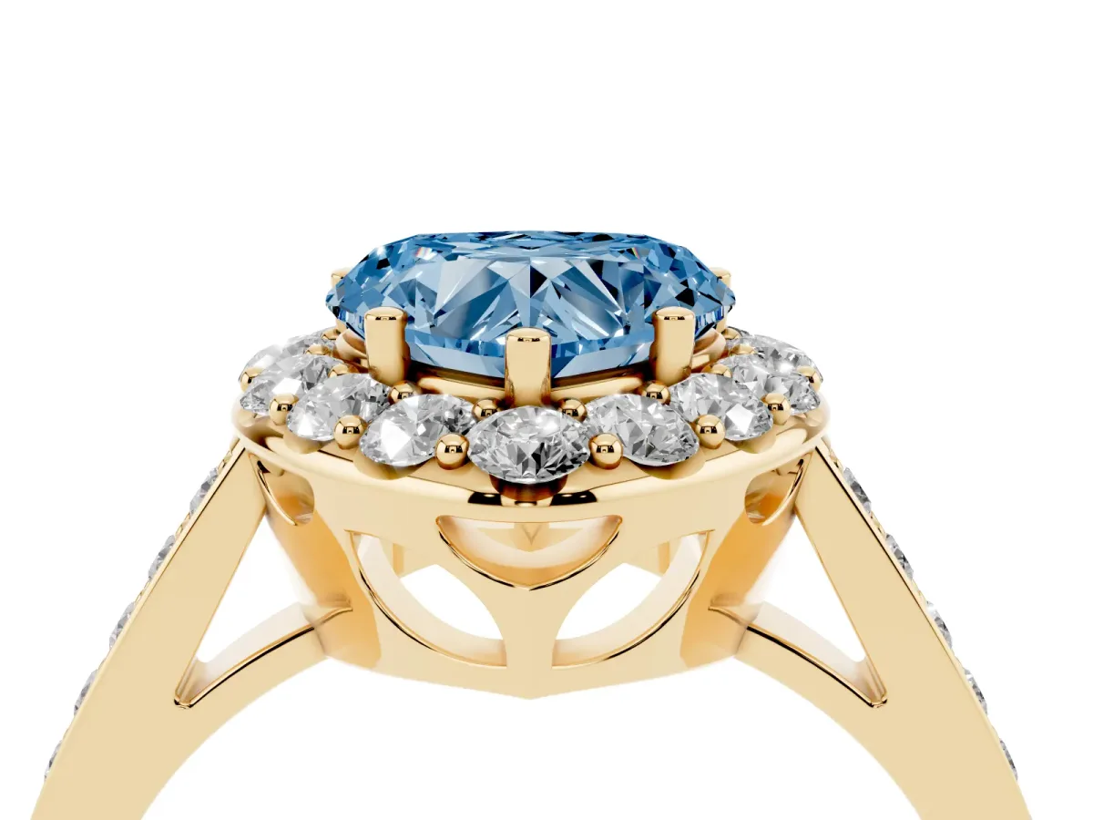 Fancy Blue Heart Cut Diamond Floral Halo Ring with Pavé Band and Prong Setting Yellow gold