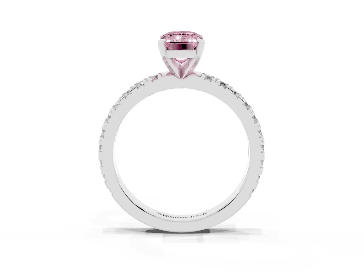Fancy Pink Emerald Cut Diamond Pavé Band Solitaire with Four-Prong Setting Silver