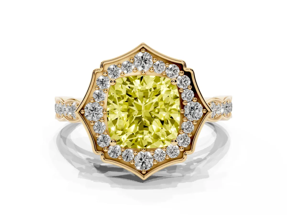 Fancy Yellow Cushion Cut Halo Diamond Engagement Ring with Milgrain Band and Four-Prong Setting Yellow gold