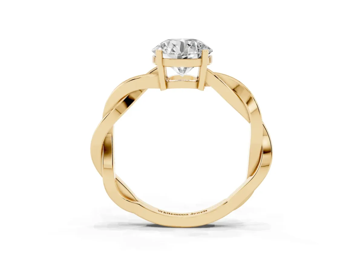 Round Cut Solitaire Twisted Pave Diamond Ring with Four-Prong Setting Yellow gold
