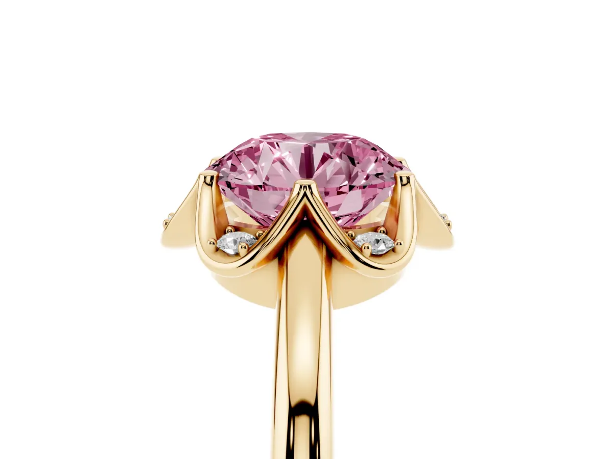 Fancy Pink Round Cut Halo Diamond Ring with Round Cluster Setting, Solitaire Band, and Four-Prong Setting Yellow gold