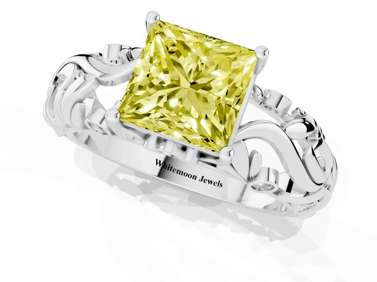 Fancy Yellow Princess Cut Solitaire Diamond Leaf-Inspired Vine Band Ring with Prong Setting Platinum