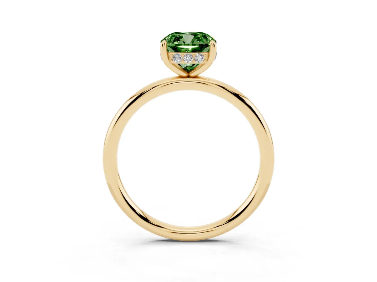 Fancy Green Cushion Cut Solitaire Diamond Ring with a Classic Band and Four-Prong Setting Yellow gold