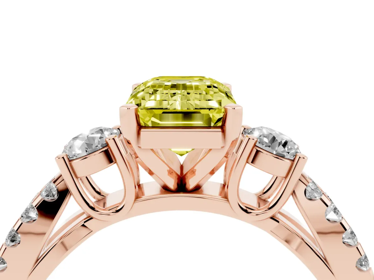 Fancy Yellow Emerald Cut Diamond Three-Stone Ring with Pavé Split Shank and Four-Prong Setting Rose gold