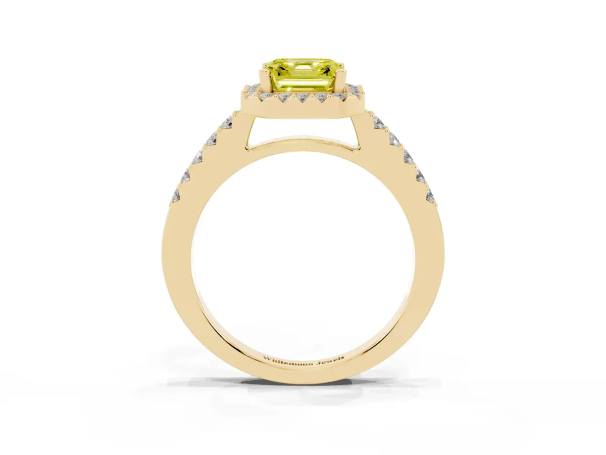 Fancy Yellow Asscher Cut Halo Diamond Pavé Solitaire Ring Yellow gold