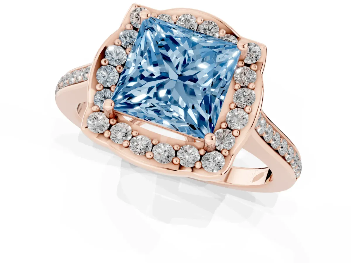Fancy Blue Princess Cut Halo Round Diamond Pave Band with Four-Prong Setting Rose gold