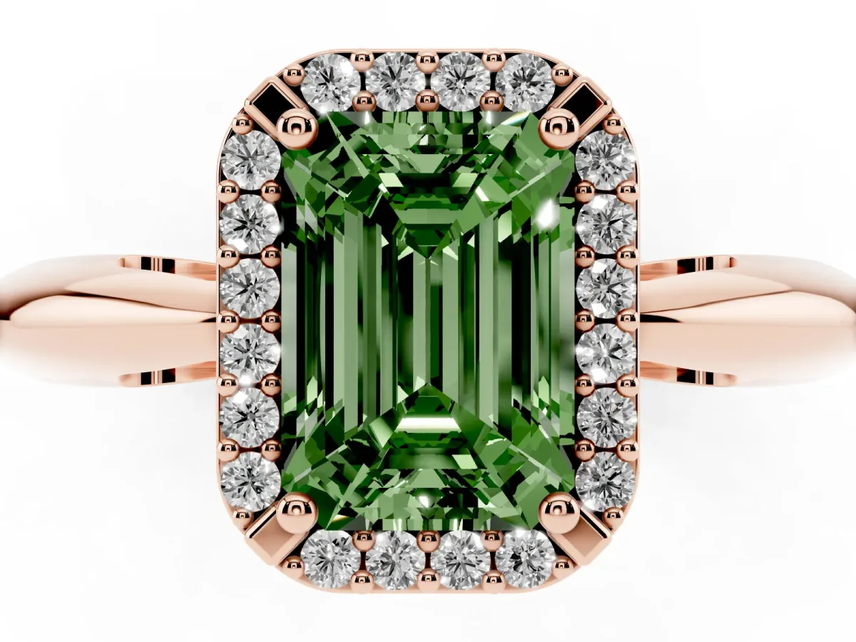 Fancy Green Emerald Cut Cut Diamond Halo Engagement Ring with Split Shank and Four-Prong Setting Rose gold