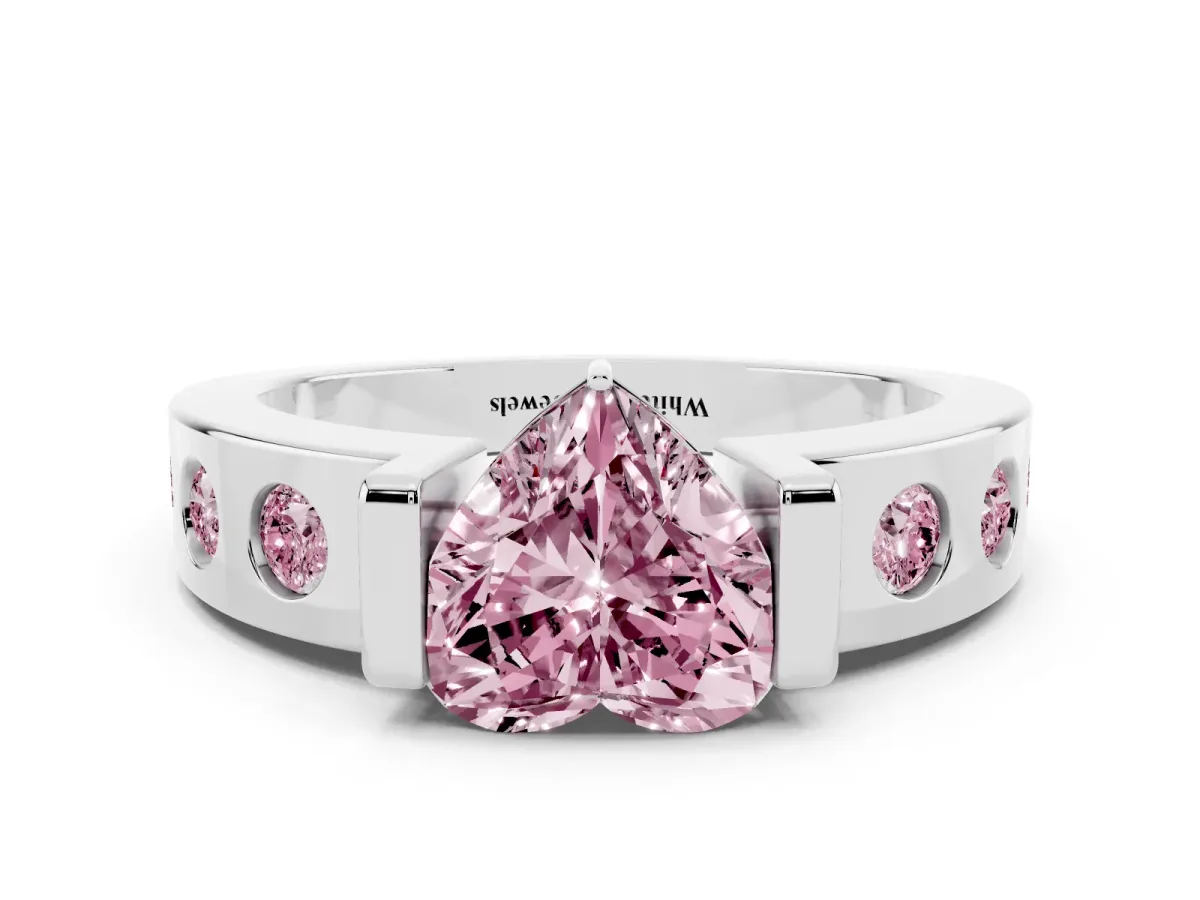 Fancy Pink Heart Cut Brilliant Channel-Set Diamond Ring with Bezel Prong Setting Silver