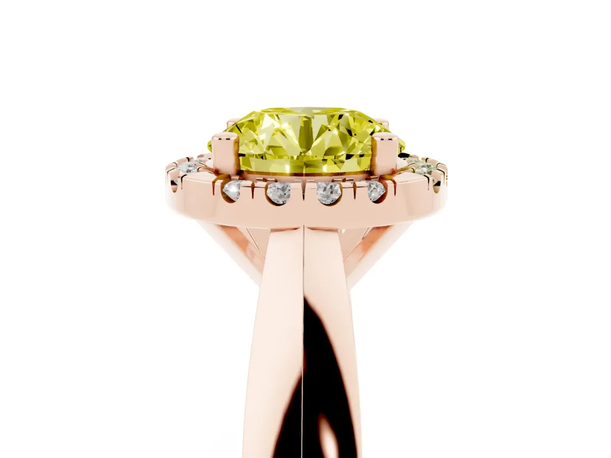 Fancy Yellow Round Cut Cut Halo Solitaire Engagement Ring with Square Band and Four-Prong Setting Rose gold