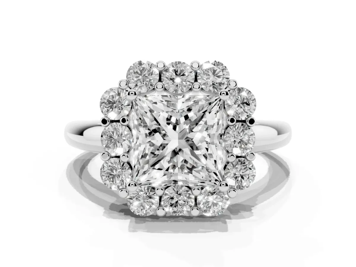 Princess Cut Halo Milgrain Solitaire with Bezel Set Side Stones and Pave Band Platinum
