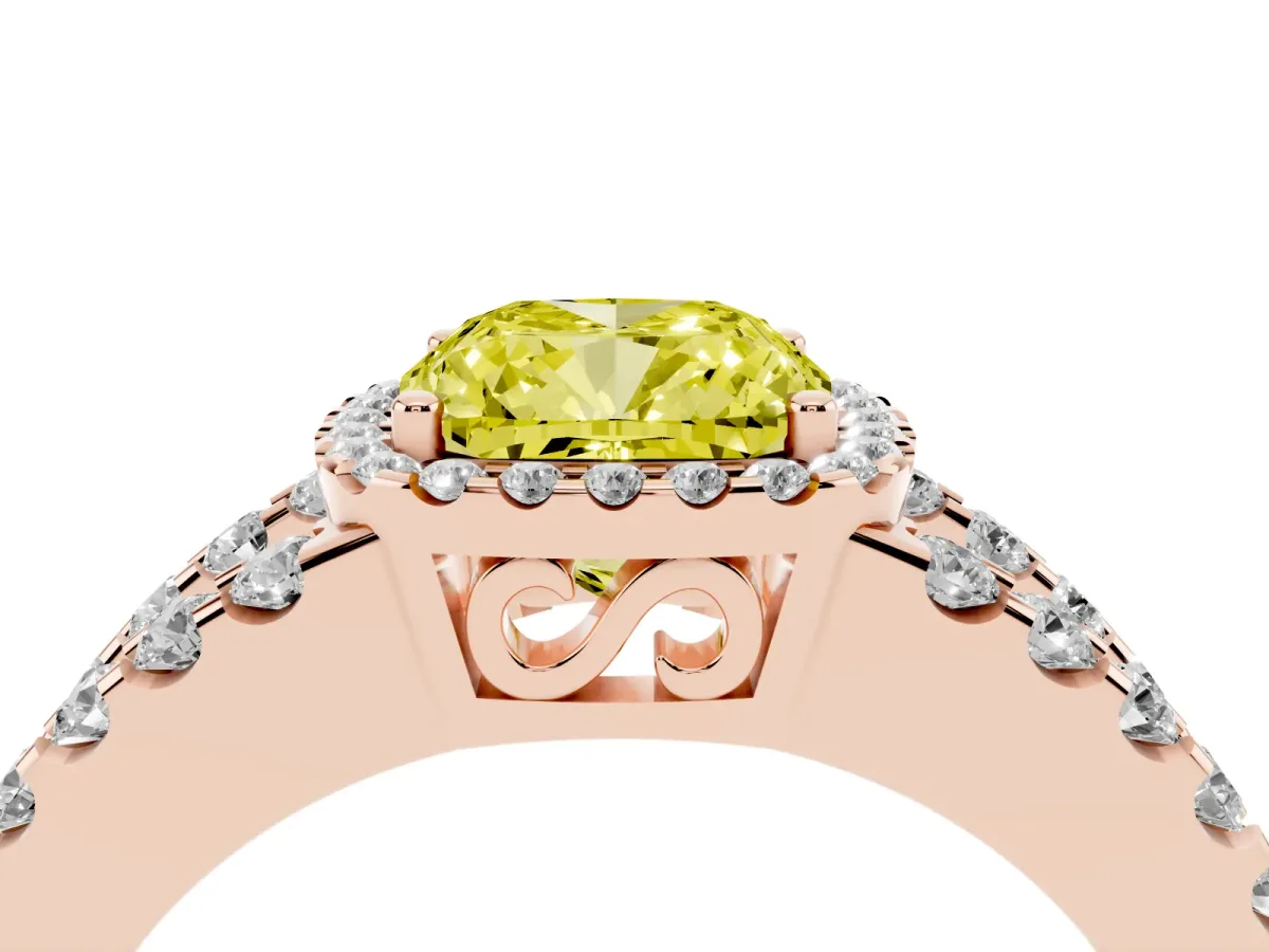 Fancy Yellow Cushion Cut Cut Halo Split Shank Diamond Ring with Four-Prong Setting Rose gold
