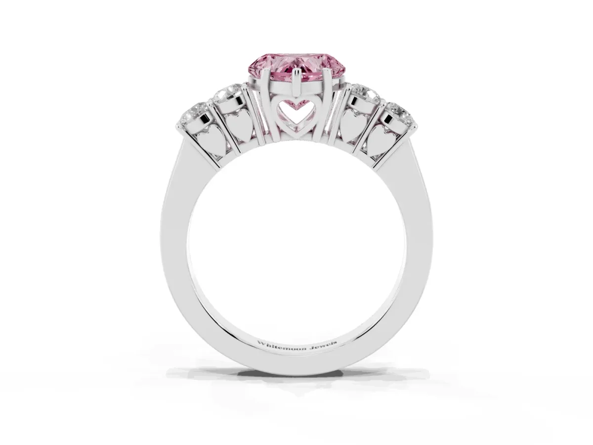 Fancy Pink Heart Cut Cut Diamond Five-Stone Prong Set White Gold Ring Silver