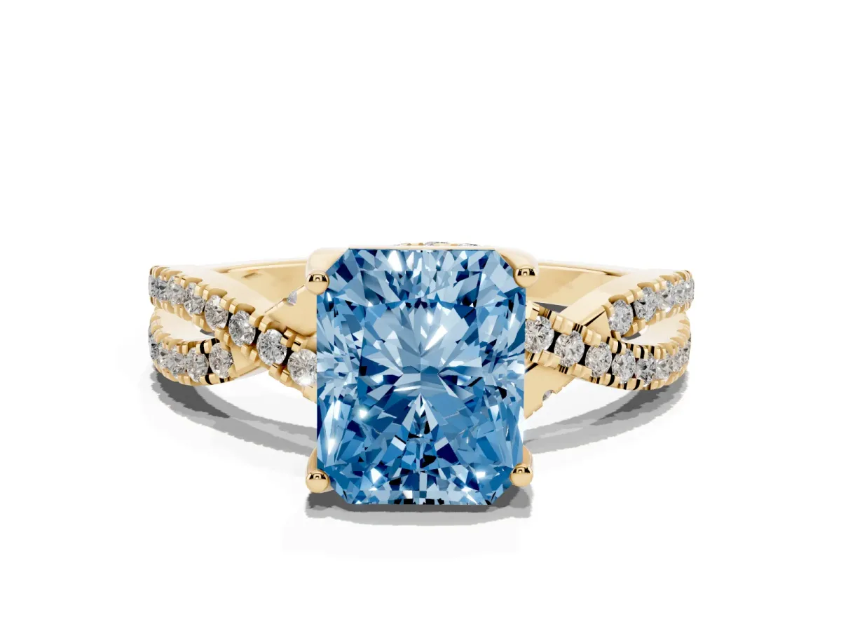 Fancy Blue Radiant Cut Solitaire Twist Pave Diamond Engagement Ring with Prong Setting Yellow gold