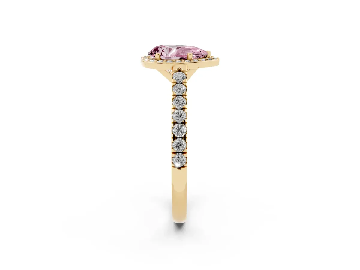 Fancy Pink Pear Cut Cut Halo Diamond Engagement Ring with Pave Band and Four-Prong Setting Yellow gold
