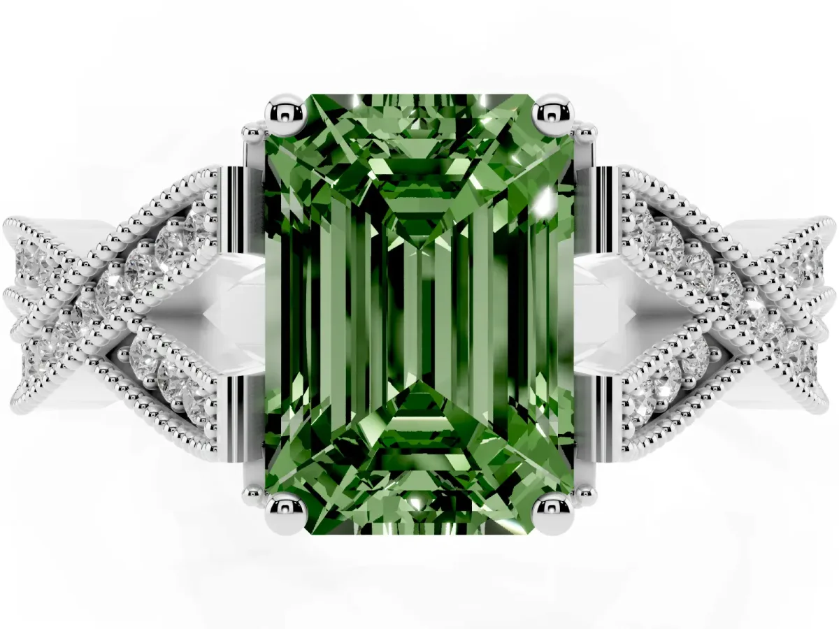 Fancy Green Emerald Cut Cut Diamond Twisted Band with Milgrain Pave Setting and Four-Prong Setting Silver