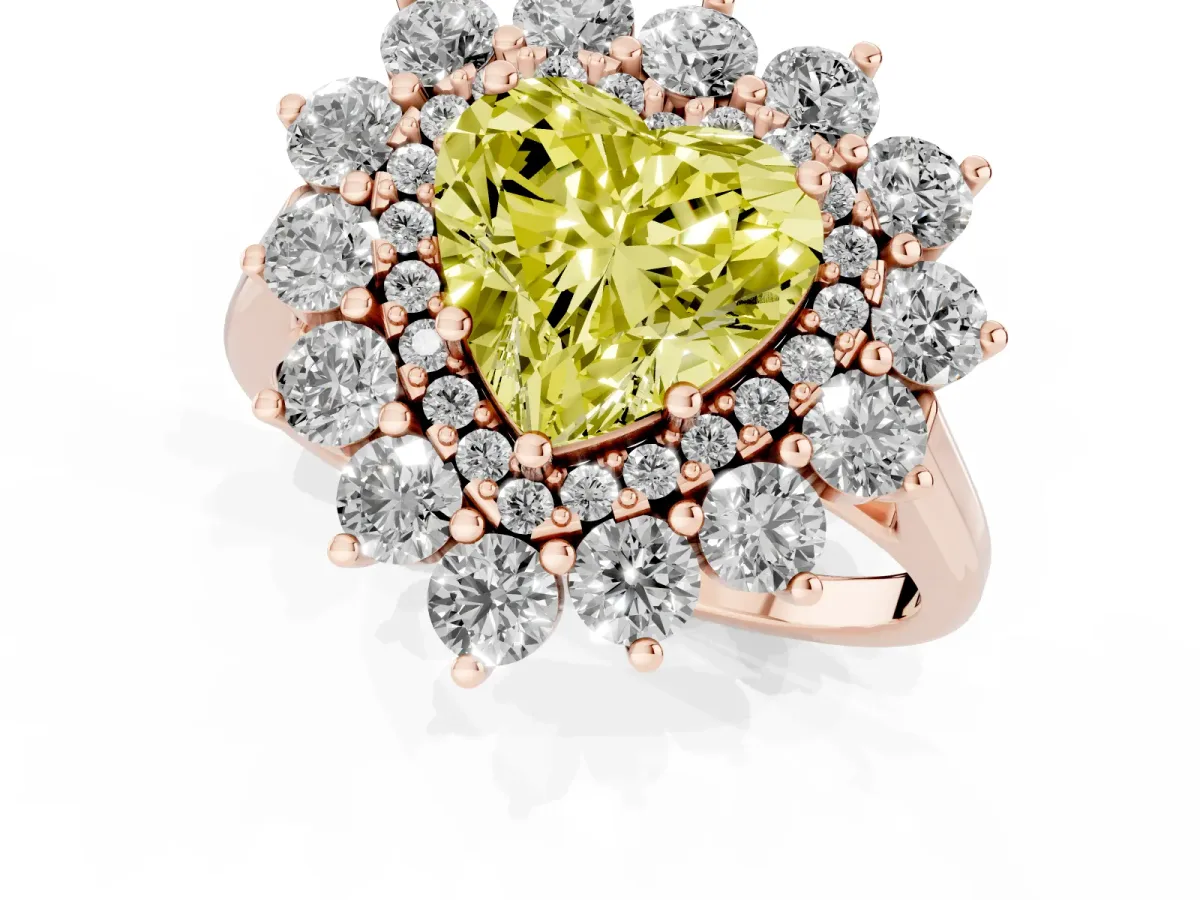 Fancy Yellow Heart Cut Diamond Floral Double Halo Engagement Ring with Prong Setting Rose gold
