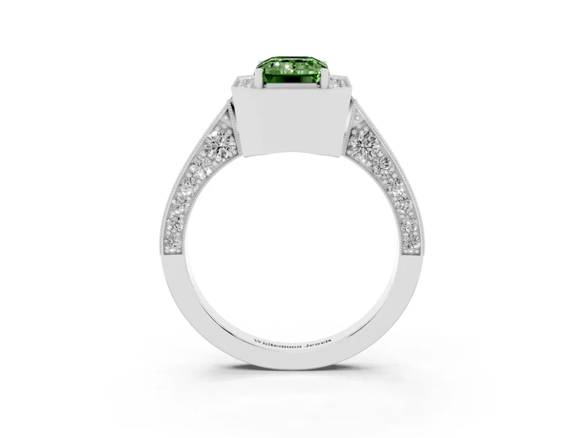Fancy Green Emerald Cut Halo Diamond Engagement Ring with Split Shank Band and Four-Prong Setting Silver