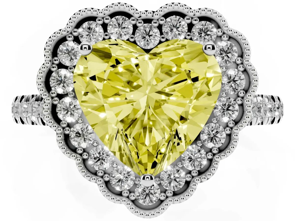 Fancy Yellow Heart Cut Cut Diamond Milgrain Floral Halo Engagement Ring with Pavé Band White gold